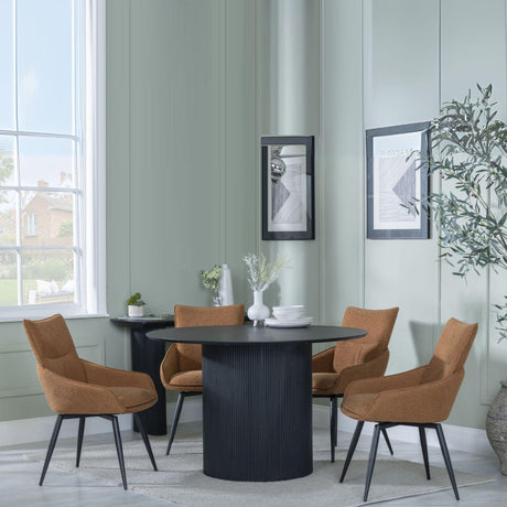 Bern Fluted Black 4 Seater Round Dining Set - 4 Ace Orange Fabric Swivel Dining Chair-3
