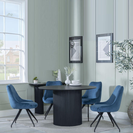 Bern Fluted Black 4 Seater Round Dining Set - 4 Arctic Blue Velvet Fabric Swivel Dining Chair-3