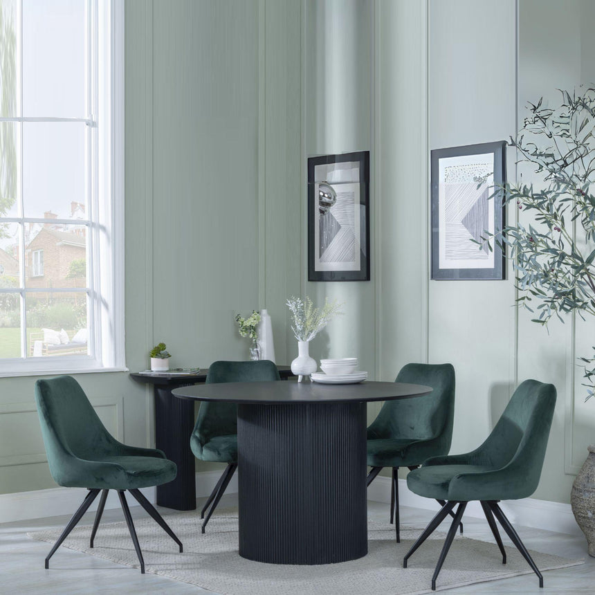 Bern Fluted Black 4 Seater Round Dining Set - 4 Arctic Green Velvet Fabric Swivel Dining Chair-2