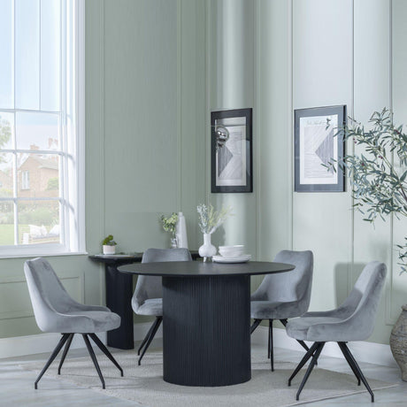 Bern Fluted Black 4 Seater Round Dining Set - 4 Arctic Grey Velvet Fabric Swivel Dining Chair-2
