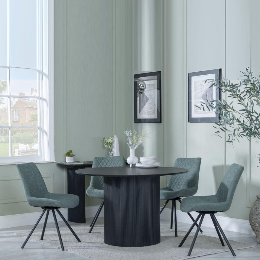 Bern Fluted Black 4 Seater Round Dining Set - 4 Boden Green Fabric Swivel Dining Chair-4
