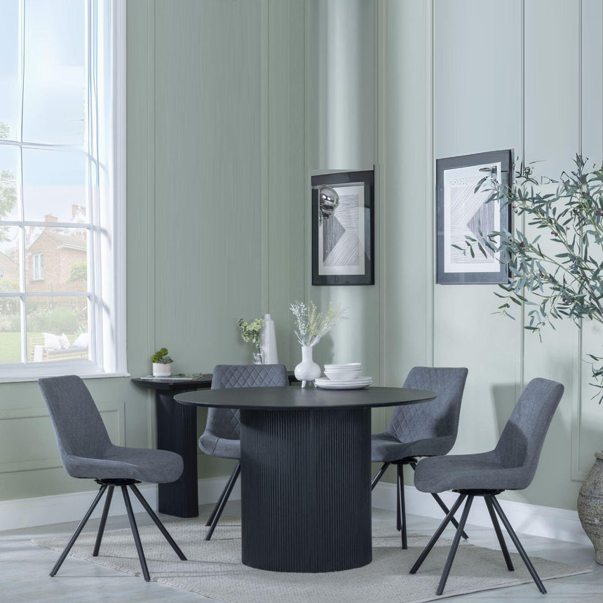Bern Fluted Black 4 Seater Round Dining Set - 4 Boden Grey Fabric Swivel Dining Chair-6
