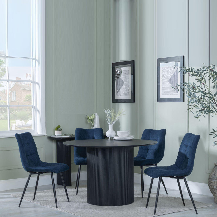 Bern Fluted Black 4 Seater Round Dining Set - 4 Corona Blue Fabric Chairs-5