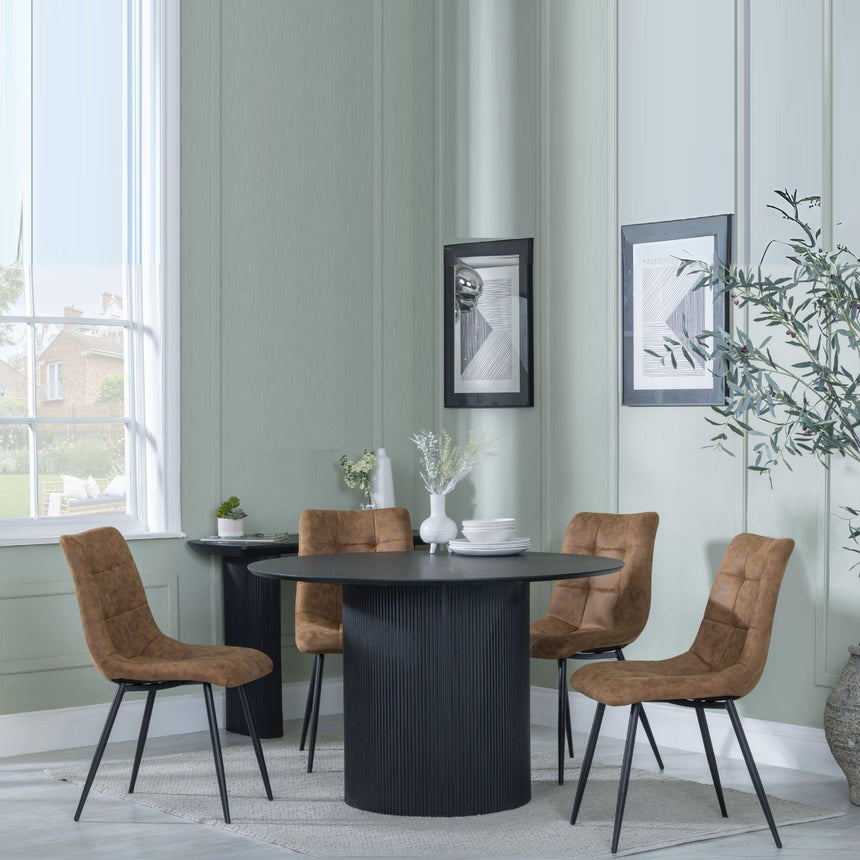 Bern Fluted Black 4 Seater Round Dining Set - 4 Corona Brown Fabric Chairs-8