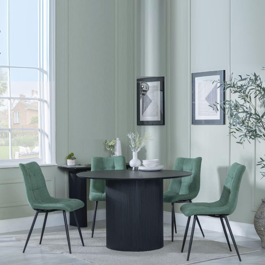 Bern Fluted Black 4 Seater Round Dining Set - 4 Corona Green Fabric Chairs-6
