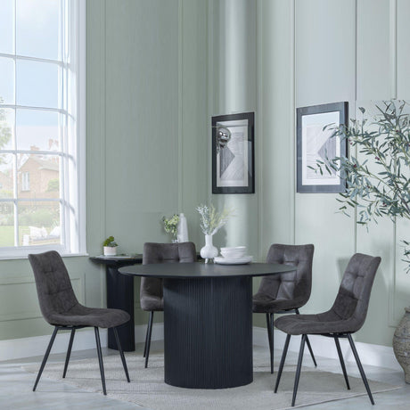 Bern Fluted Black 4 Seater Round Dining Set - 4 Corona Grey Fabric Chairs-9
