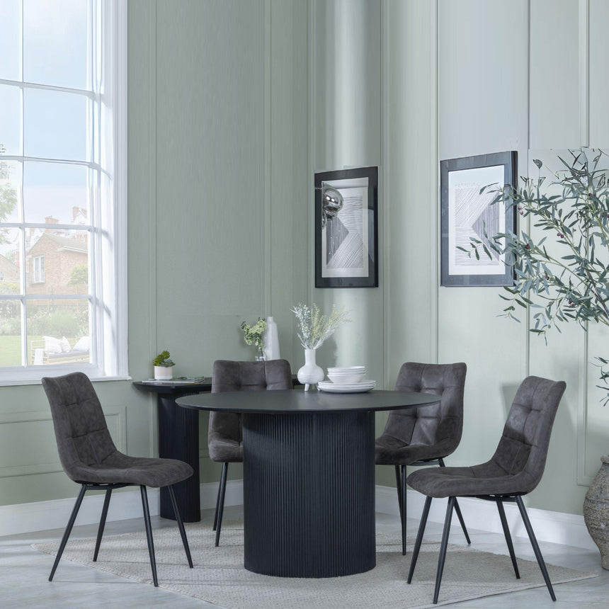 Bern Fluted Black 4 Seater Round Dining Set - 4 Corona Grey Fabric Chairs-9