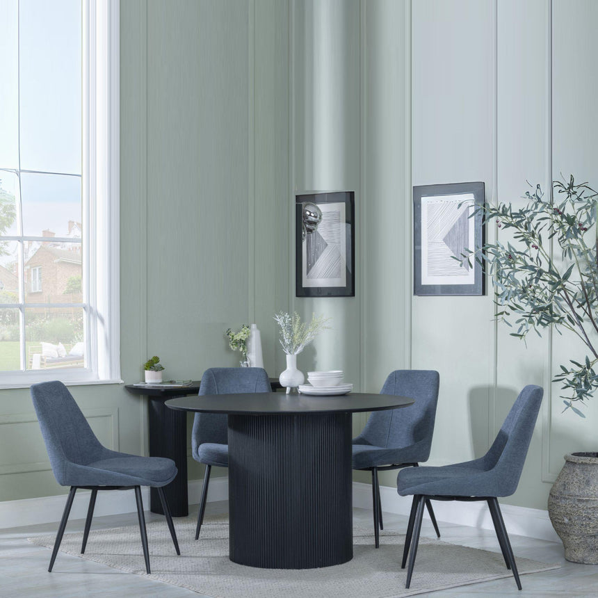 Bern Fluted Black 4 Seater Round Dining Set - 4 Darwin Dark Grey Fabric Dining Chair-5