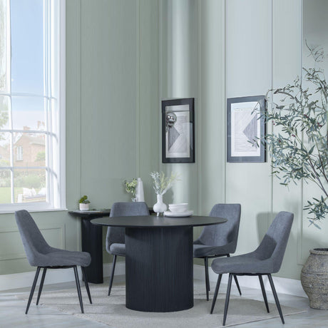 Bern Fluted Black 4 Seater Round Dining Set - 4 Darwin Grey Fabric Dining Chair-6