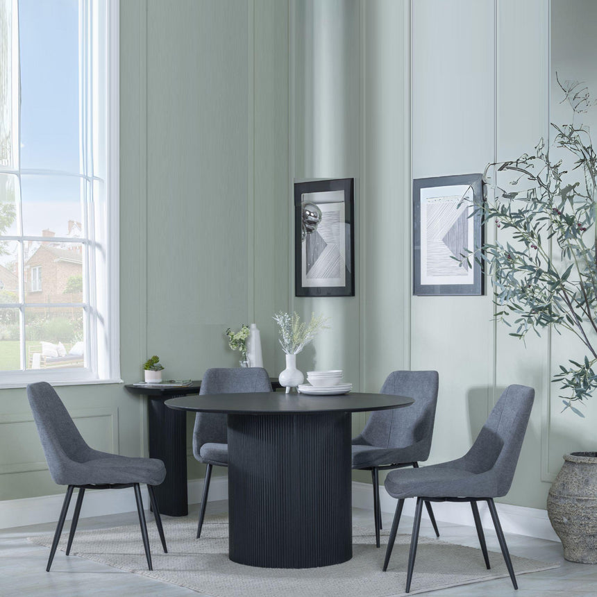 Bern Fluted Black 4 Seater Round Dining Set - 4 Darwin Grey Fabric Dining Chair-6