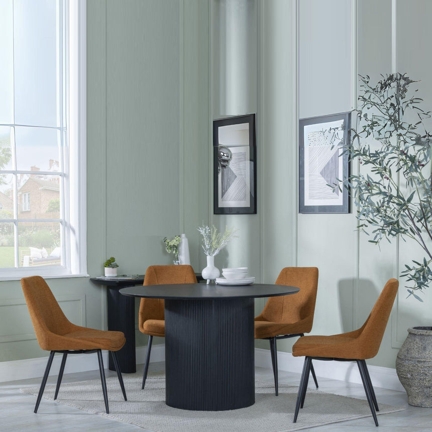 Bern Fluted Black 4 Seater Round Dining Set - 4 Darwin Orange Fabric Dining Chair-3