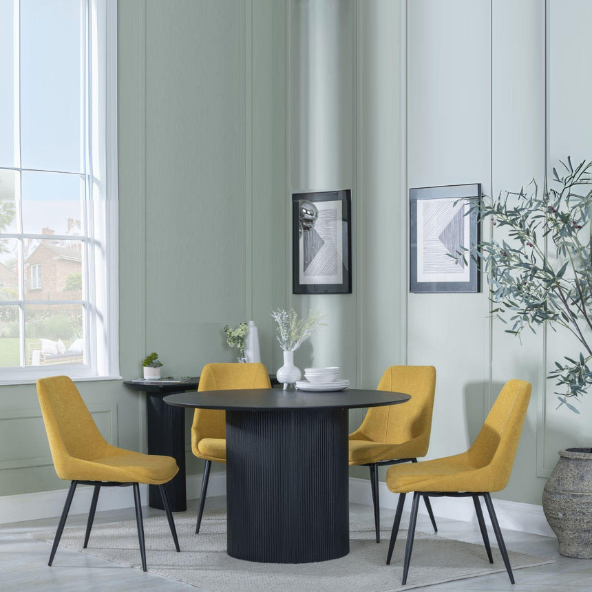 Bern Fluted Black 4 Seater Round Dining Set - 4 Darwin Yellow Fabric Dining Chair-2
