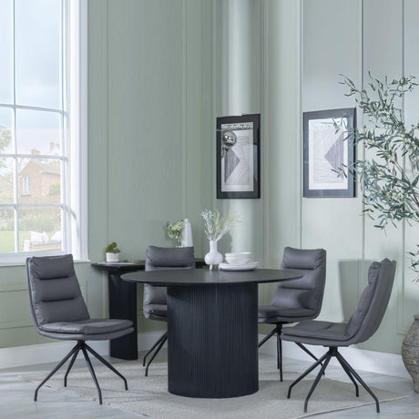 Bern Fluted Black 4 Seater Round Dining Set - 4 Diego Grey Leather Swivel Dining Chair-2