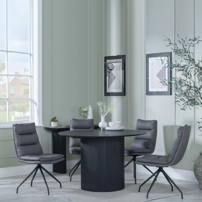 Bern Fluted Black 4 Seater Round Dining Set - 4 Diego Grey Leather Swivel Dining Chair-2