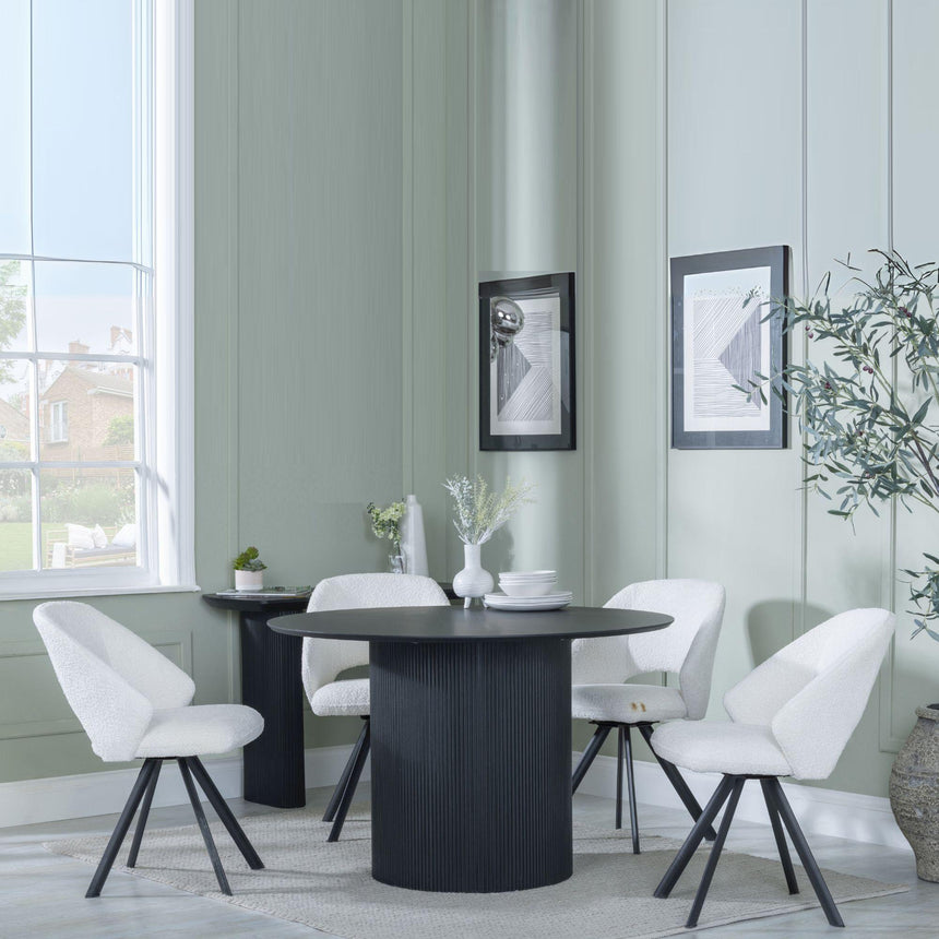 Bern Fluted Black 4 Seater Round Dining Set - 4 Ion Cream Velvet Fabric Swivel Dining Chair-5