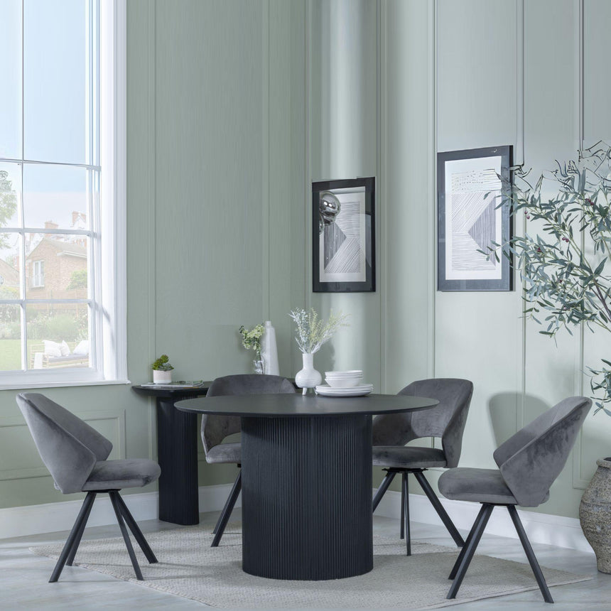 Bern Fluted Black 4 Seater Round Dining Set - 4 Ion Dark Grey Velvet Fabric Swivel Dining Chair-2