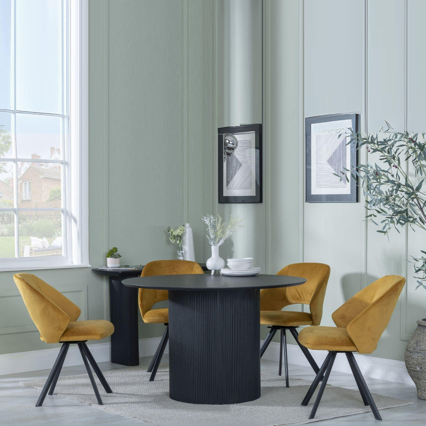 Bern Fluted Black 4 Seater Round Dining Set - 4 Ion Mustard Velvet Fabric Swivel Dining Chair-4