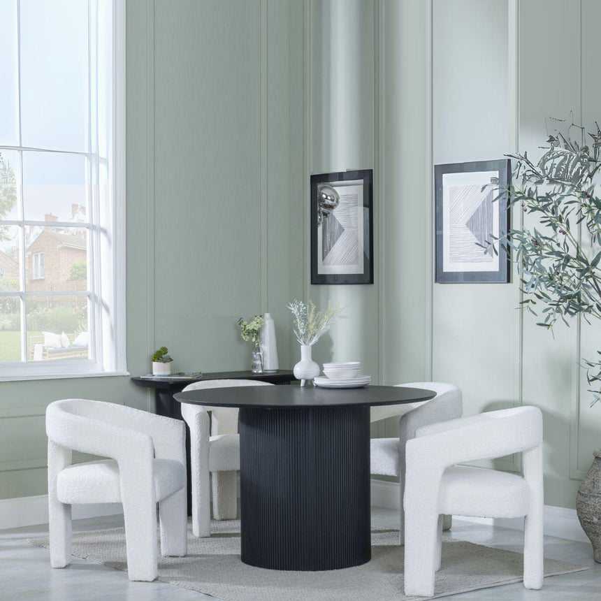 Bern Fluted Black 4 Seater Round Dining Set - 4 Kiefer Cream Boucle Fabric Dining Chair-2