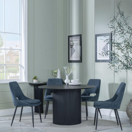 Bern Fluted Black 4 Seater Round Dining Set - 4 Peyton Blue Fabric Dining Chair