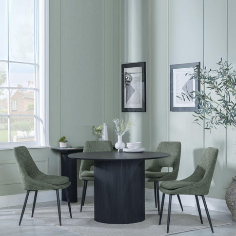Bern Fluted Black 4 Seater Round Dining Set - 4 Peyton Green Fabric Dining Chair-3