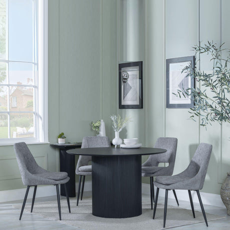 Bern Fluted Black 4 Seater Round Dining Set - 4 Peyton Grey Fabric Dining Chair-2