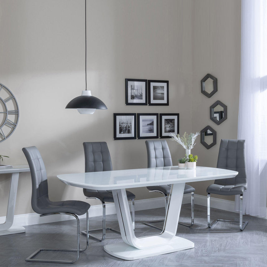 Athos White Gloss Dining Set - Jamison Grey Faux Leather Dining Chair