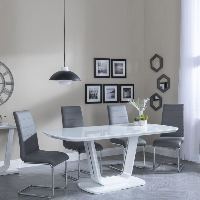 Clearance - Athos White Glass Dining Set - Roma Grey Faux Leather Dining Chair