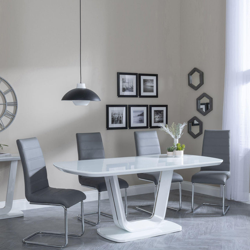 Clearance - Athos White Glass Dining Set - Roma Grey Faux Leather Dining Chair