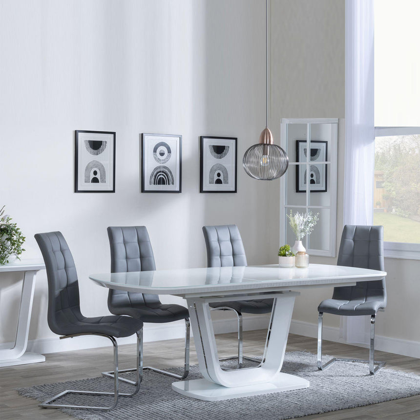 Clearance - Athos White Glass Extending Dining Set - Jamison Grey Faux Leather Dining Chair-2