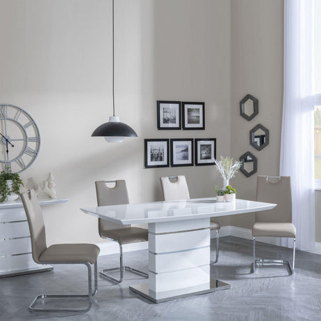 Rimini White Gloss Dining Set - Bianco Beige Faux Leather Dining Chair-3