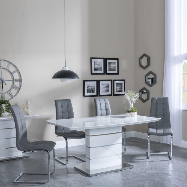 Rimini White Gloss Dining Set - Jamison Grey Faux Leather Dining Chair