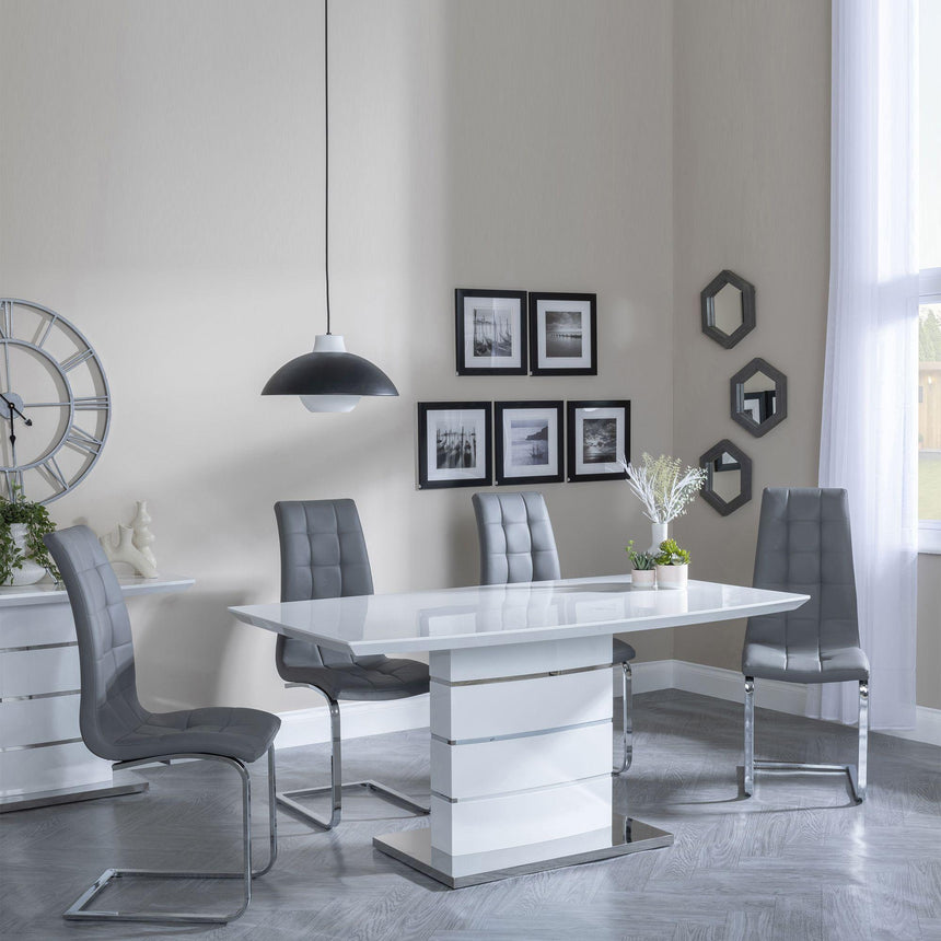 Rimini White Gloss Dining Set - Jamison Grey Faux Leather Dining Chair