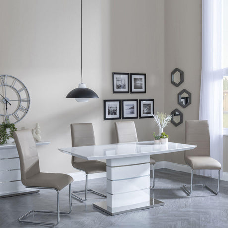 Rimini White Gloss Dining Set - Roma Beige Faux Leather Dining Chair