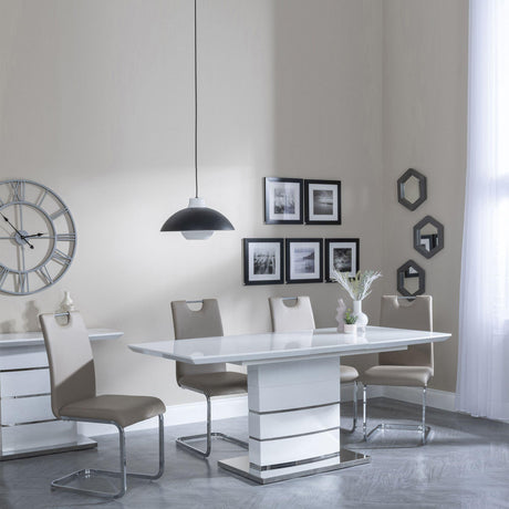 Rimini White Gloss Extending Dining Set - Bianco Beige Faux Leather Dining Chair-3