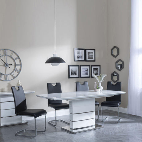 Rimini White Gloss Extending Dining Set - Bianco Black Faux Leather Dining Chair