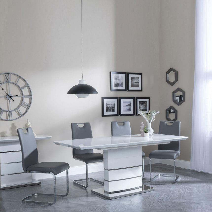 Rimini White Gloss Extending Dining Set - Bianco Grey Faux Leather Dining Chair-2