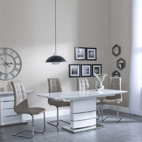 Rimini White Gloss Extending Dining Set - Jamison Beige Faux Leather Dining Chair-2