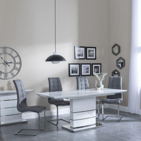 Rimini White Gloss Extending Dining Set - Jamison Grey Faux Leather Dining Chair
