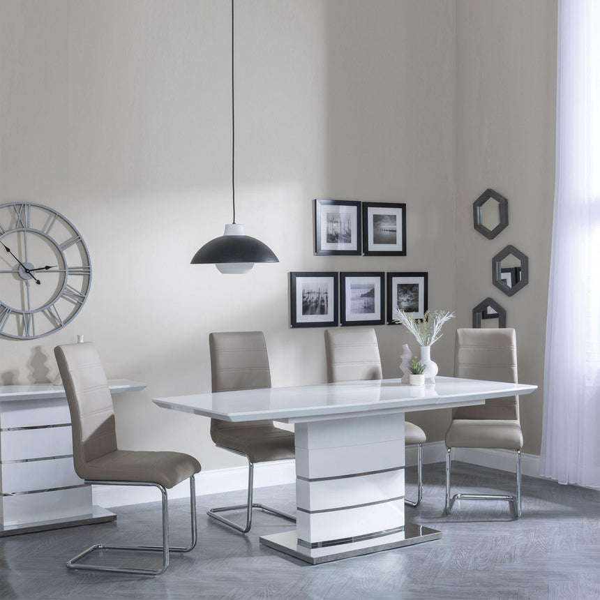 Rimini White Gloss Extending Dining Set - Roma Beige Faux Leather Dining Chair