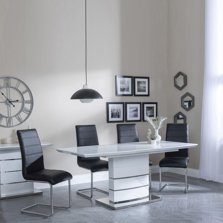 Rimini White Gloss Extending Dining Set - Roma Black Faux Leather Dining Chair-2
