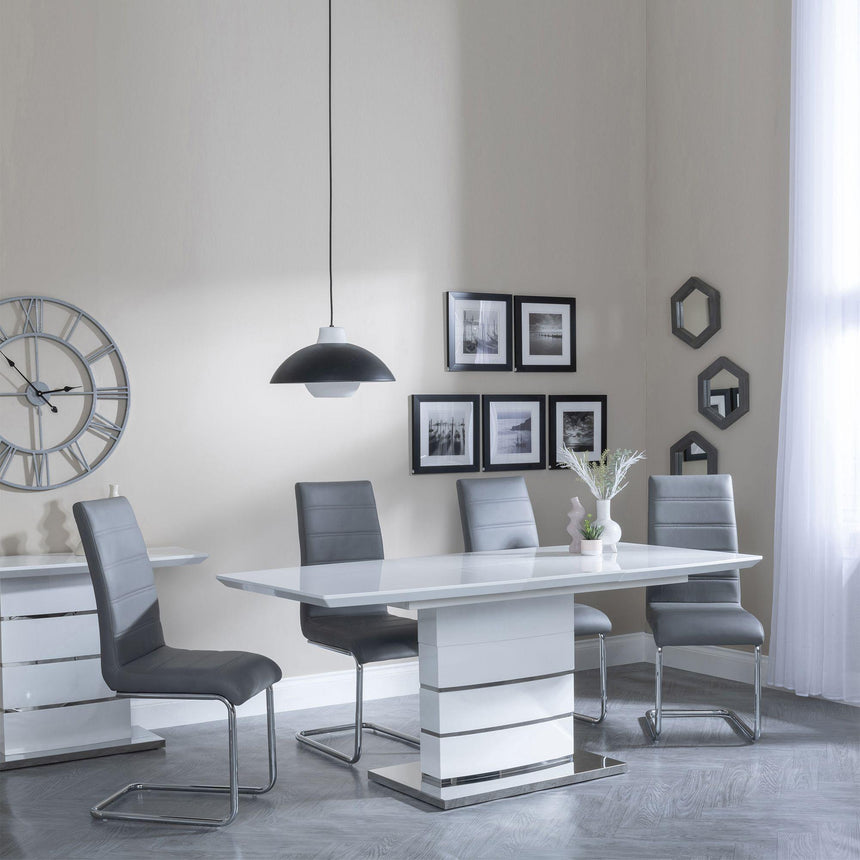 Rimini White Gloss Extending Dining Set - Roma Grey Faux Leather Dining Chair-3