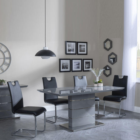 Rimini Grey Gloss Dining Set - Bianco Black Faux Leather Dining Chair