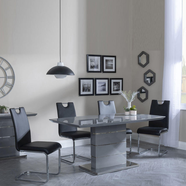 Rimini Grey Gloss Dining Set - Bianco Black Faux Leather Dining Chair