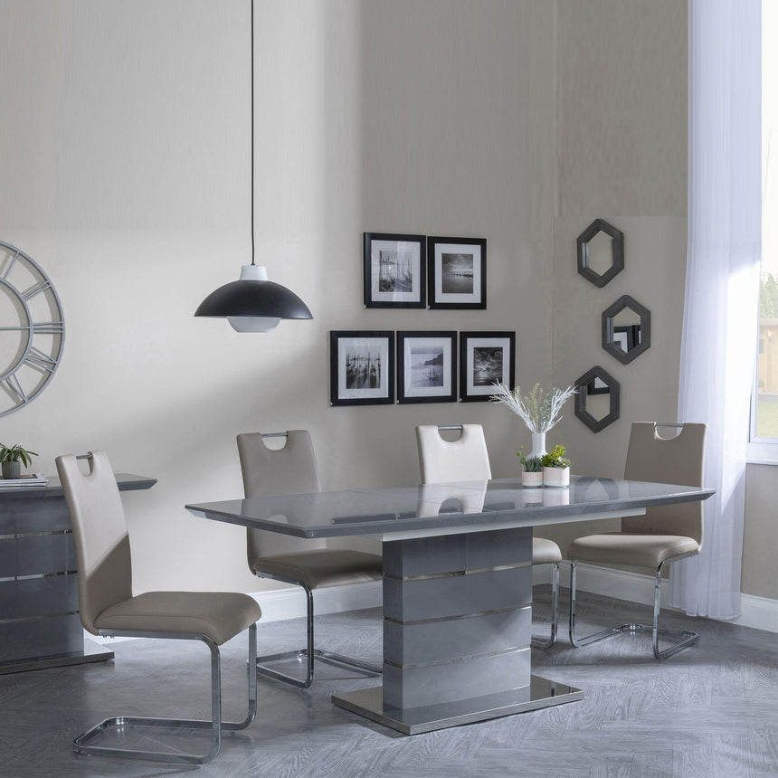 Rimini Grey Gloss Extending Dining Set - Bianco Beige Faux Leather Dining Chair-3