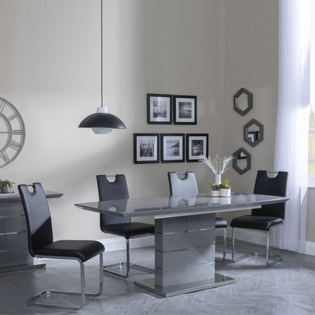 Rimini Grey Gloss Extending Dining Set - Bianco Black Faux Leather Dining Chair