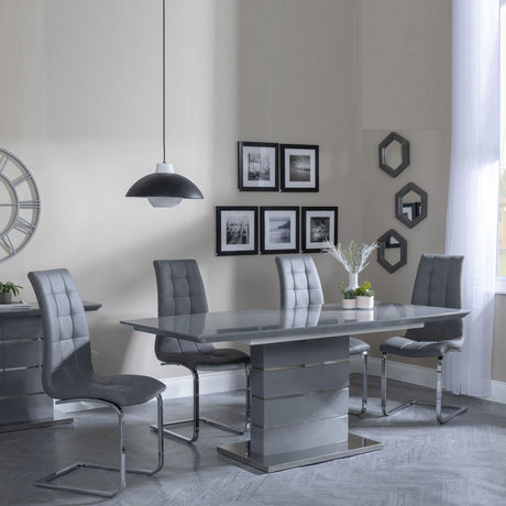 Rimini Grey Gloss Extending Dining Set - Jamison Grey Faux Leather Dining Chair