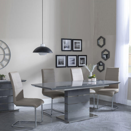 Rimini Grey Gloss Extending Dining Set - Roma Beige Faux Leather Dining Chair