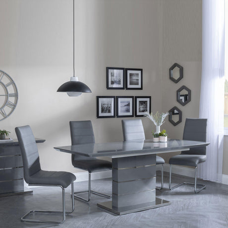 Rimini Grey Gloss Extending Dining Set - Roma Grey Faux Leather Dining Chair-3
