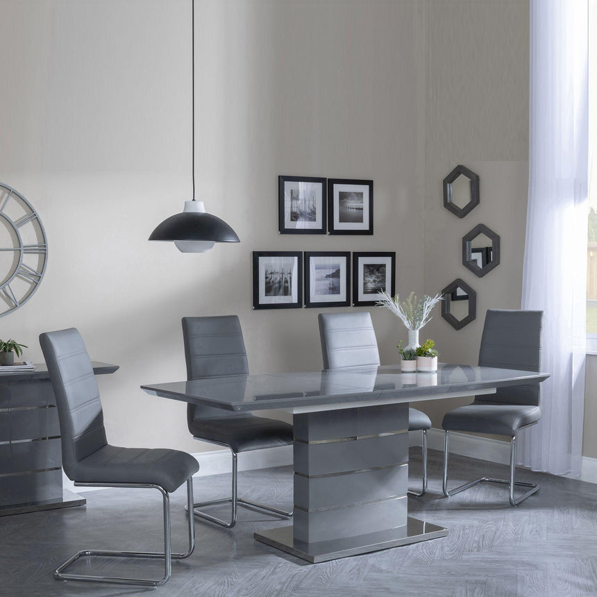 Rimini Grey Gloss Extending Dining Set - Roma Grey Faux Leather Dining Chair-3