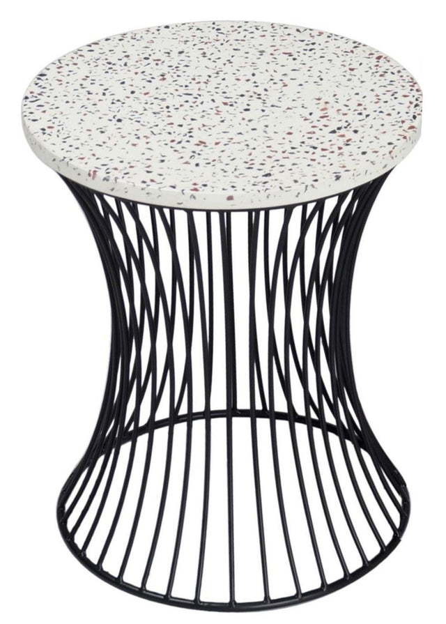 Ritz Terrazzo Drum Shape Accent Table, Black Wire Metal Base
